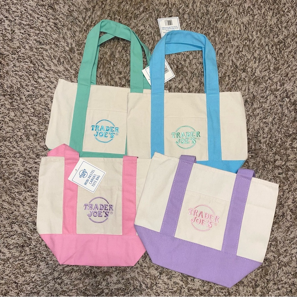 NWT Trader Joe’s mini Pastel canvas reusable tote bags set of 4 2026 Easter